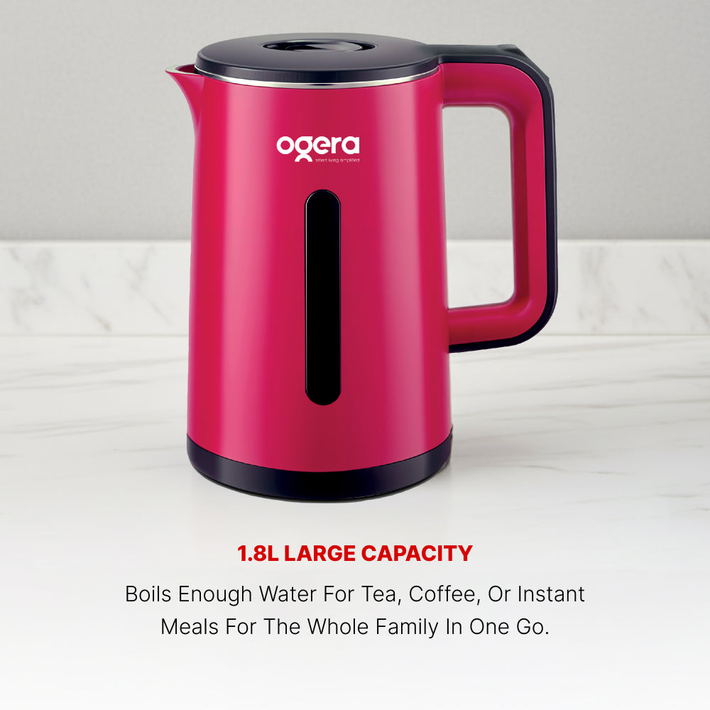 Ogera OG1507EK Cool Touch Electric Kettle, 1.8L Capacity, 1500W Fast Boil, Double-Layer Cool Touch Body, Auto Shut-Off & Boil-Dry Protection, Safe & Durable Kettle for Home & Office