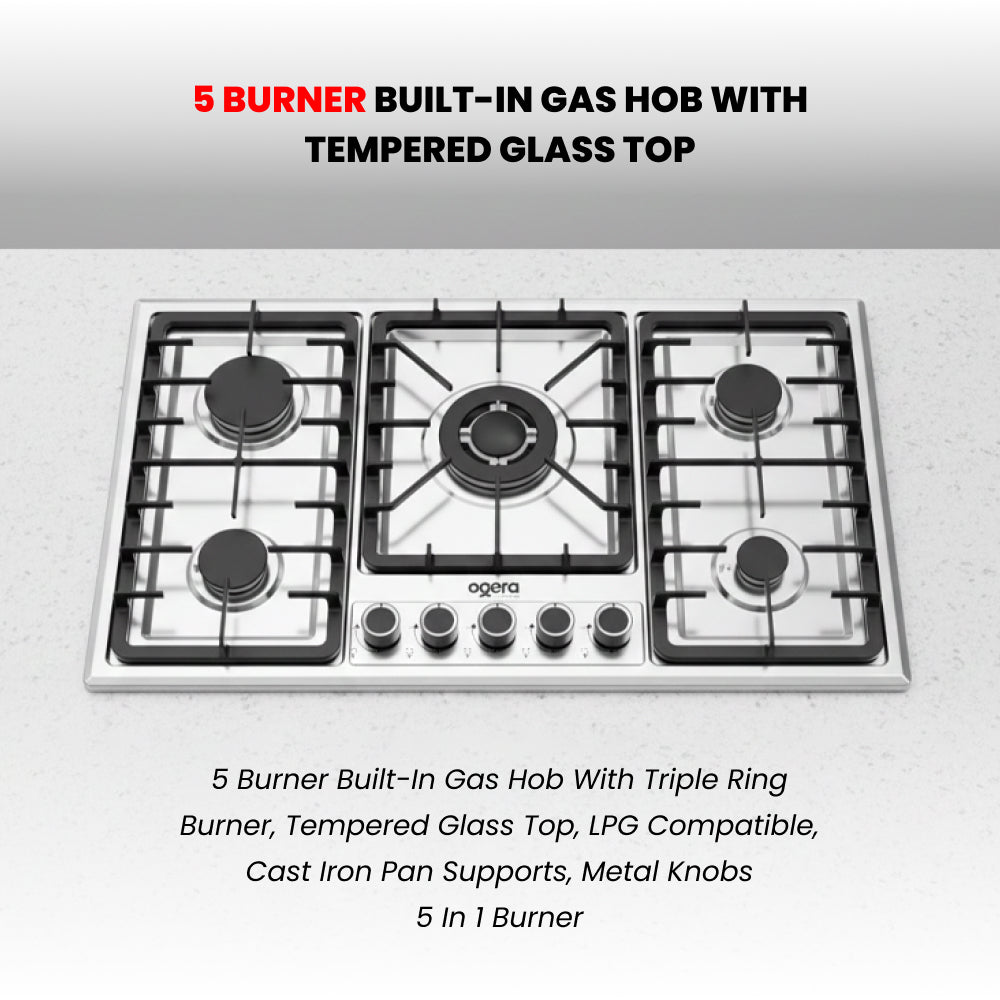 OGERA 5 BURNER GAS STOVE HOB STEEL
