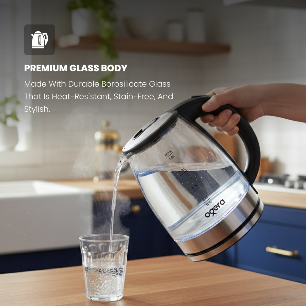 Ogera OG1508EK Glass Body Electric Kettle, 1.8L Capacity, 1500W Fast Boil, Borosilicate Glass with LED Illumination, Auto Shut-Off & Boil-Dry Protection, Stylish & Durable Kettle