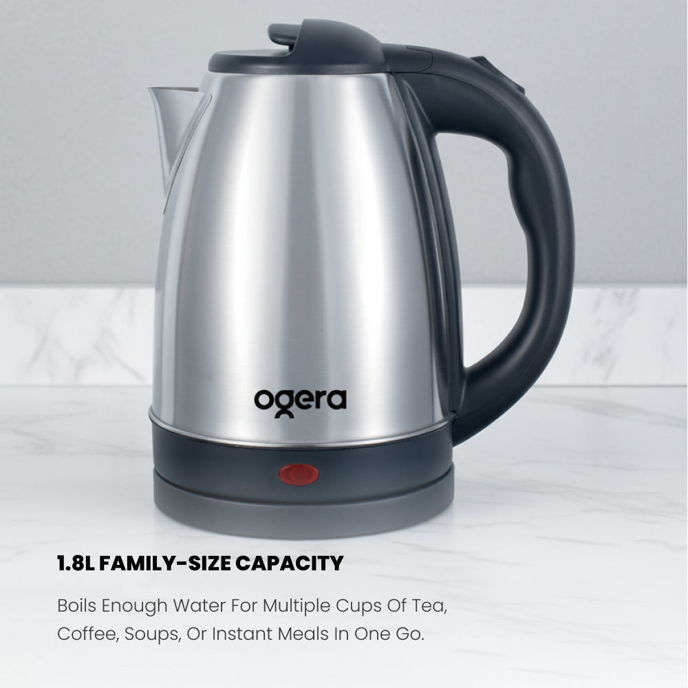 Ogera OG1509EK Stainless Steel Electric Kettle, 1.8L Capacity, 1500W Fast Boil, Auto Shut-Off & Boil-Dry Protection, Cool-Touch Handle, Durable & Portable Kettle for Home & Office