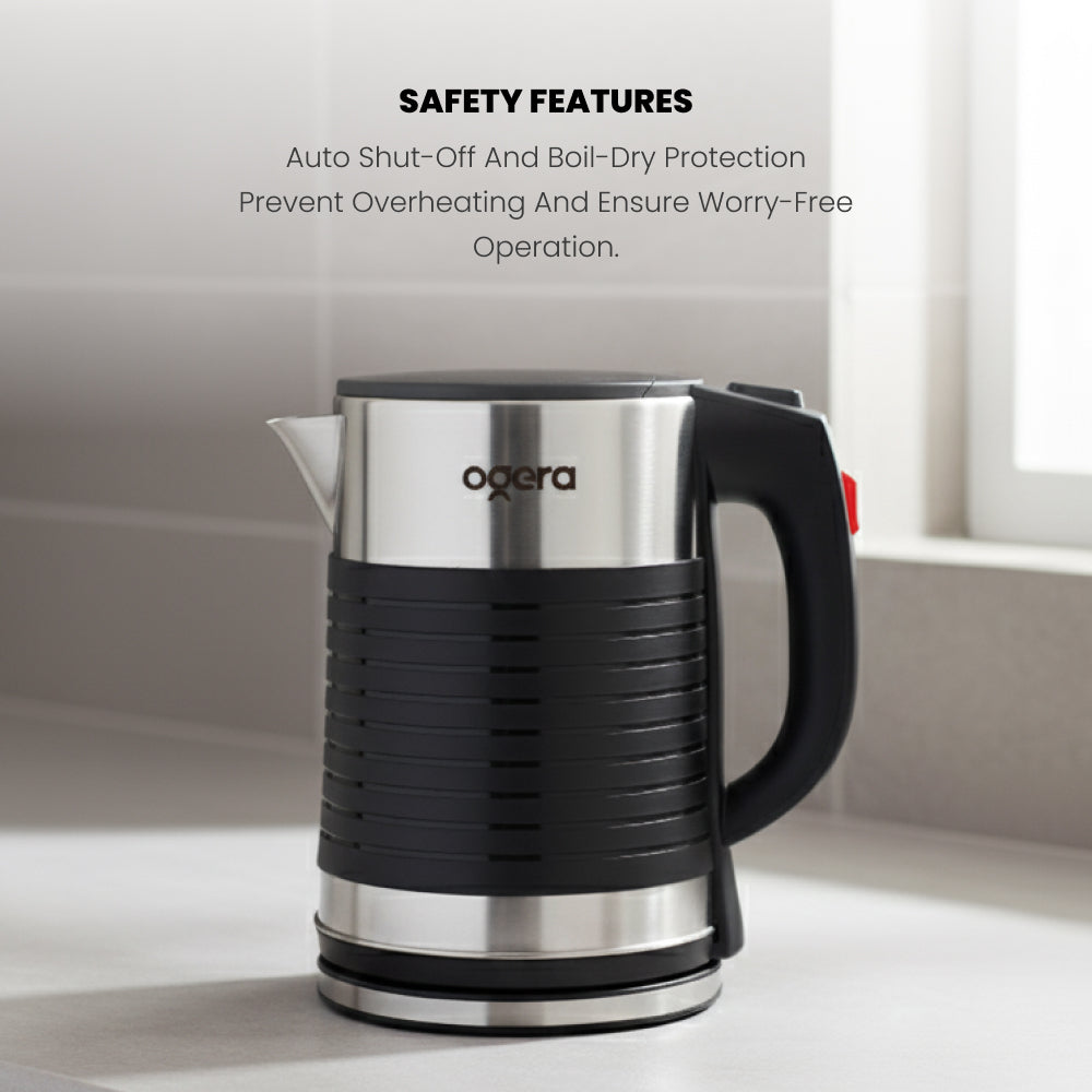 Ogera OG1510EK Stainless Steel Electric Kettle, 2.5L Extra-Large Capacity, 1800W Fast Boil, Auto Shut-Off & Boil-Dry Protection, Cool-Touch Handle, Durable & Portable Kettle for Home & Office