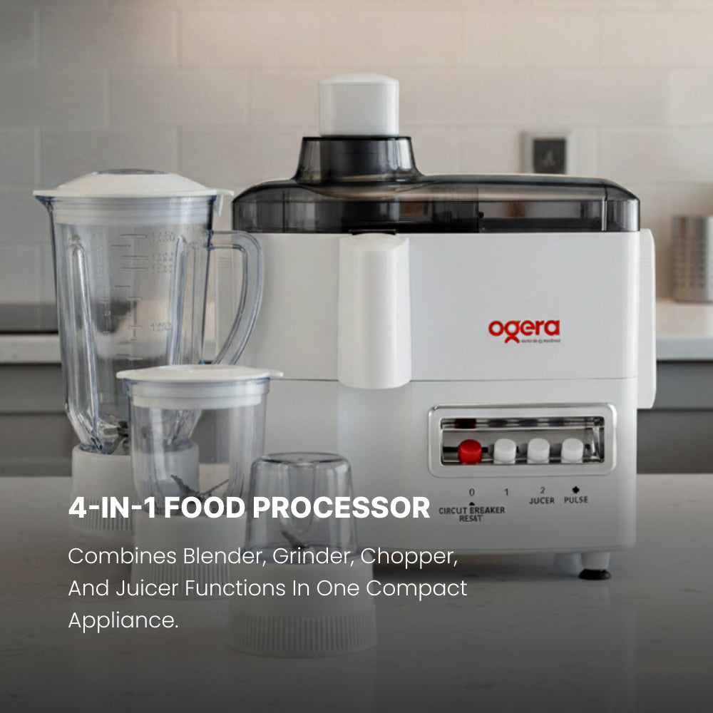 Ogera OG5101BR 4-in-1 Food Processor, 650W Powerful Motor, Multi-Functional Kitchen Appliance with Blender, Grinder, Chopper & Juicer Attachments, Stainless Steel Blades, Overload Protection