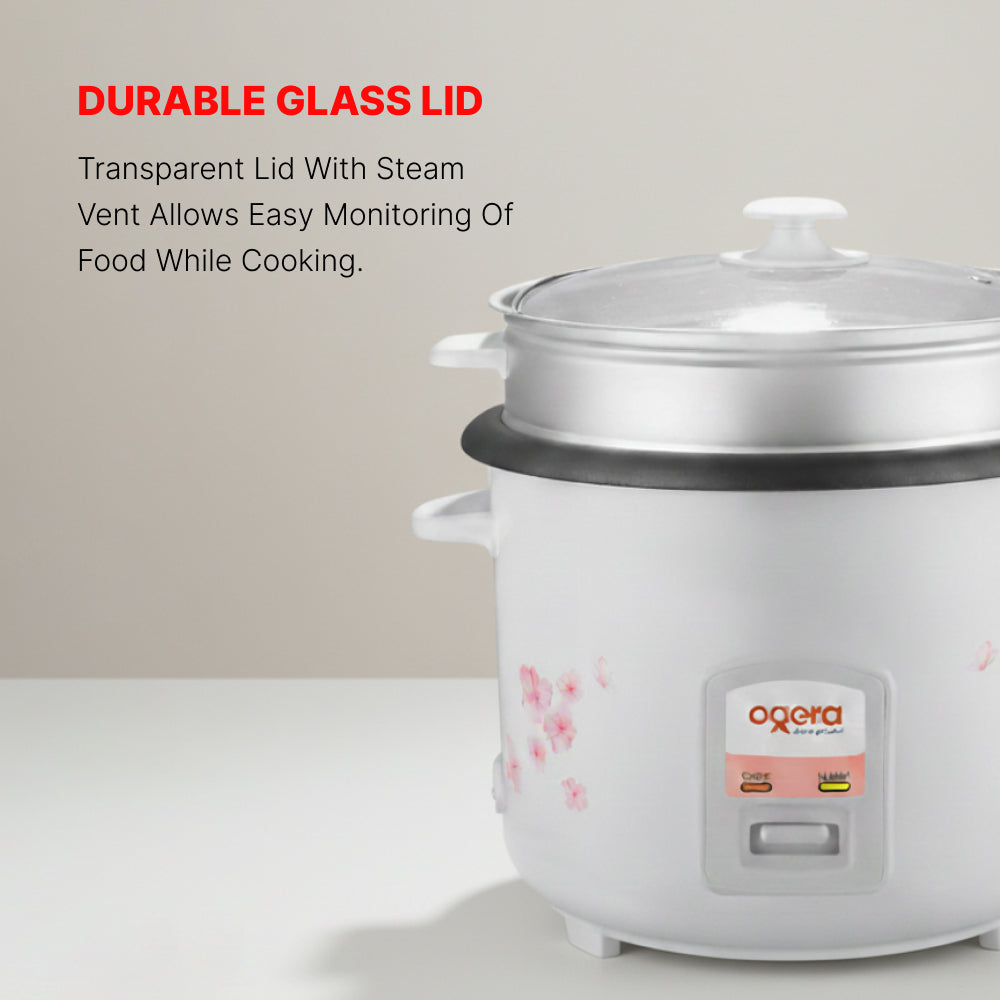 Ogera OG9501RC Rice Cooker with Glass Lid, 2.2L Large Capacity, Non-Stick Inner Pot, Keep Warm Function, Portable & Durable Multi-Purpose Cooker for Home & Office