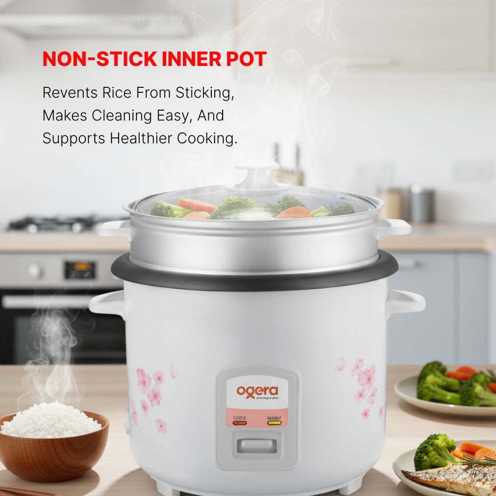 Ogera OG9501RC Rice Cooker with Glass Lid, 2.2L Large Capacity, Non-Stick Inner Pot, Keep Warm Function, Portable & Durable Multi-Purpose Cooker for Home & Office