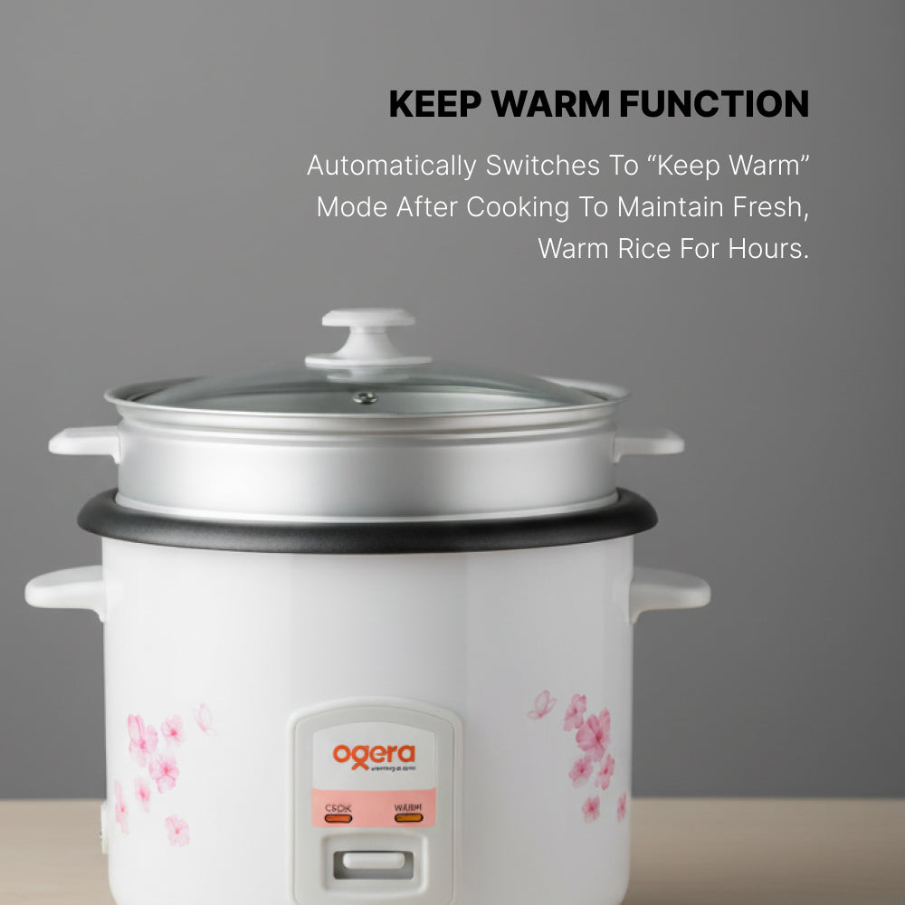 Ogera OG9501RC Rice Cooker with Glass Lid, 2.2L Large Capacity, Non-Stick Inner Pot, Keep Warm Function, Portable & Durable Multi-Purpose Cooker for Home & Office