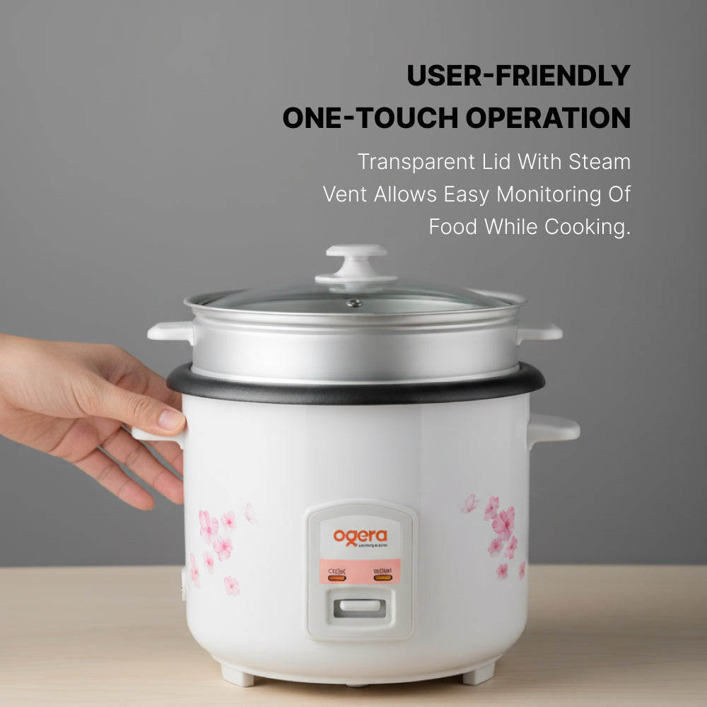 Ogera OG9501RC Rice Cooker with Glass Lid, 2.2L Large Capacity, Non-Stick Inner Pot, Keep Warm Function, Portable & Durable Multi-Purpose Cooker for Home & Office