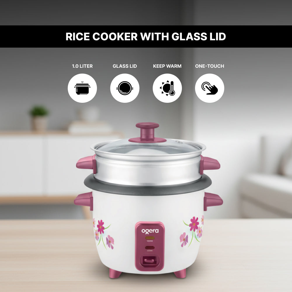 Ogera OG9502RC Rice Cooker with Glass Lid, 1.0L Compact Capacity, Non-Stick Inner Pot, Keep Warm Function, Portable & Durable Rice Cooker for Small Families, Office & Travel