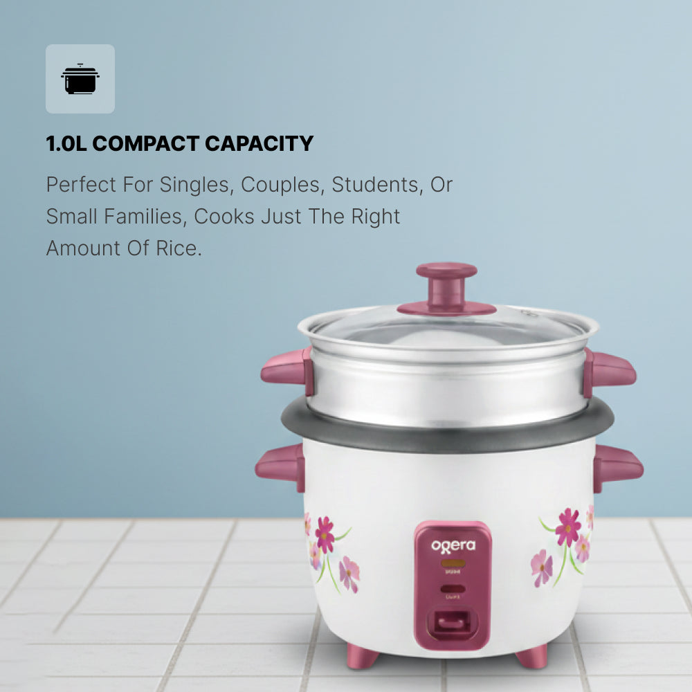 Ogera OG9502RC Rice Cooker with Glass Lid, 1.0L Compact Capacity, Non-Stick Inner Pot, Keep Warm Function, Portable & Durable Rice Cooker for Small Families, Office & Travel