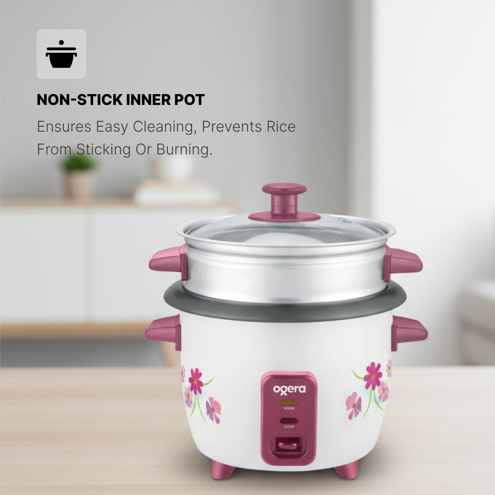 Ogera OG9502RC Rice Cooker with Glass Lid, 1.0L Compact Capacity, Non-Stick Inner Pot, Keep Warm Function, Portable & Durable Rice Cooker for Small Families, Office & Travel
