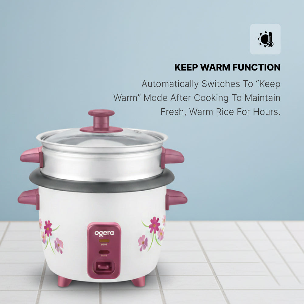 Ogera OG9502RC Rice Cooker with Glass Lid, 1.0L Compact Capacity, Non-Stick Inner Pot, Keep Warm Function, Portable & Durable Rice Cooker for Small Families, Office & Travel