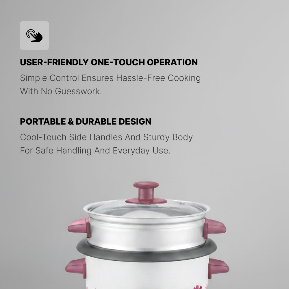 Ogera OG9502RC Rice Cooker with Glass Lid, 1.0L Compact Capacity, Non-Stick Inner Pot, Keep Warm Function, Portable & Durable Rice Cooker for Small Families, Office & Travel