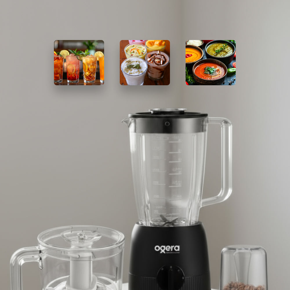 Ogera OG5102BR Electric Blender 3-in-1, 350W Compact Motor, Blender, Grinder & Chopper Functions, Stainless Steel Blades, Multi-Purpose Kitchen Appliance with Overload Protection