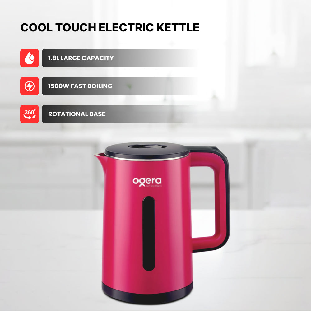 Ogera OG1507EK Cool Touch Electric Kettle, 1.8L Capacity, 1500W Fast Boil, Double-Layer Cool Touch Body, Auto Shut-Off & Boil-Dry Protection, Safe & Durable Kettle for Home & Office