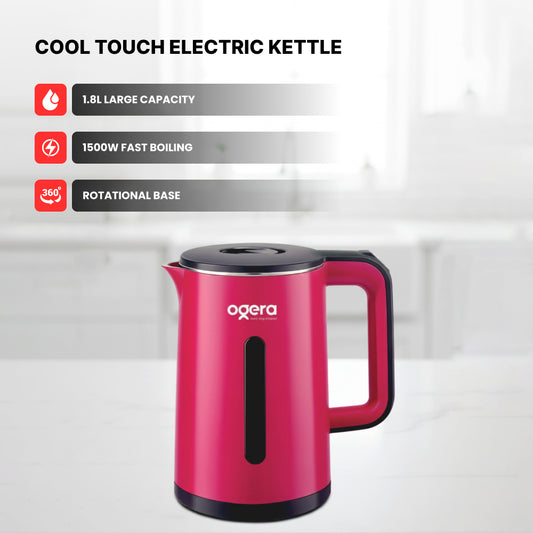Ogera OG1507EK Cool Touch Electric Kettle, 1.8L Capacity, 1500W Fast Boil, Double-Layer Cool Touch Body, Auto Shut-Off & Boil-Dry Protection, Safe & Durable Kettle for Home & Office