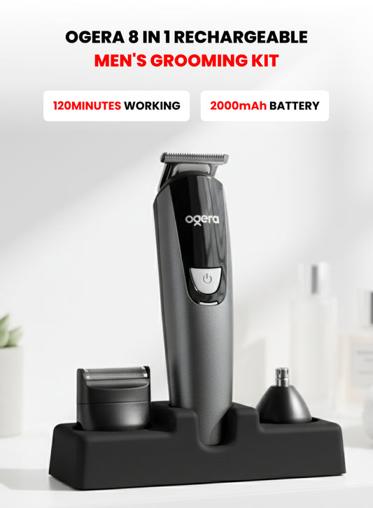 8-in-1 Rechargeable Grooming Kit – Professional All-in-One Trimmer Set with Beard, Nose, Ear & Body Attachments, Precision Stainless Steel Blades, Rechargeable Battery, Low Noise Operation – Model OG2004HT, Black