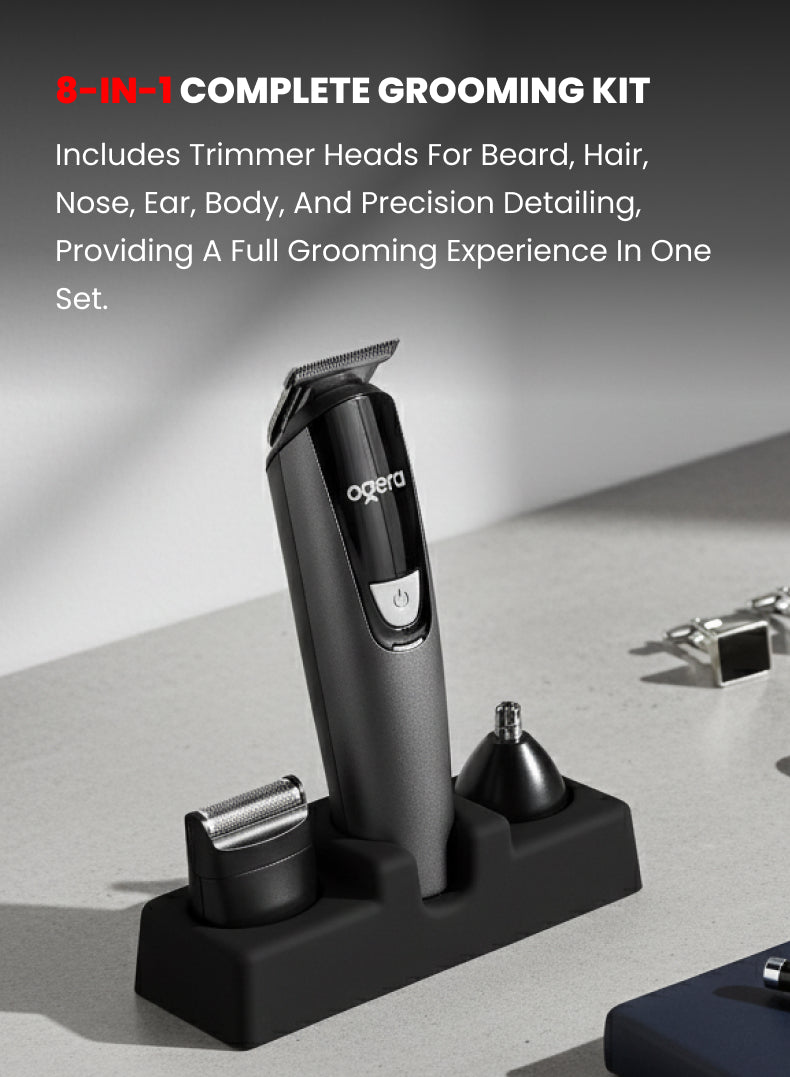 8-in-1 Rechargeable Grooming Kit – Professional All-in-One Trimmer Set with Beard, Nose, Ear & Body Attachments, Precision Stainless Steel Blades, Rechargeable Battery, Low Noise Operation – Model OG2004HT, Black