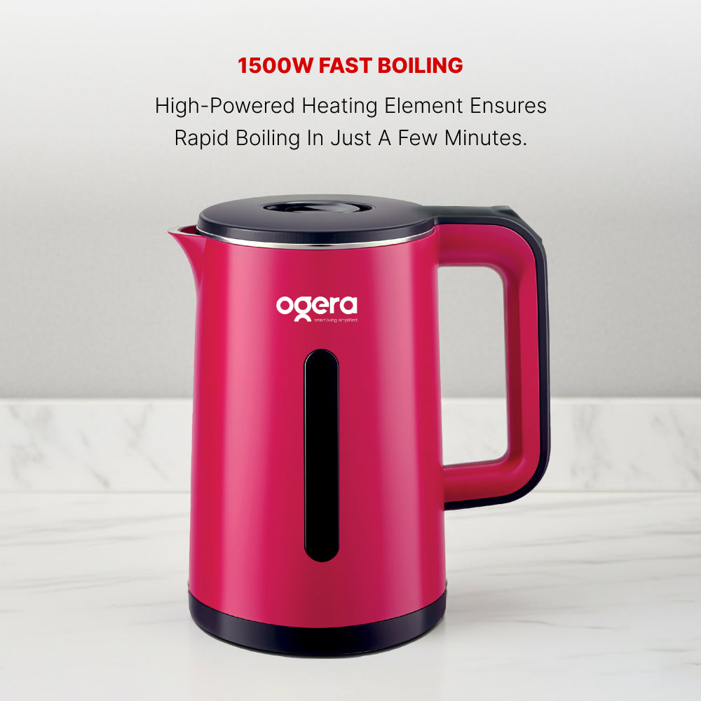 Ogera OG1507EK Cool Touch Electric Kettle, 1.8L Capacity, 1500W Fast Boil, Double-Layer Cool Touch Body, Auto Shut-Off & Boil-Dry Protection, Safe & Durable Kettle for Home & Office