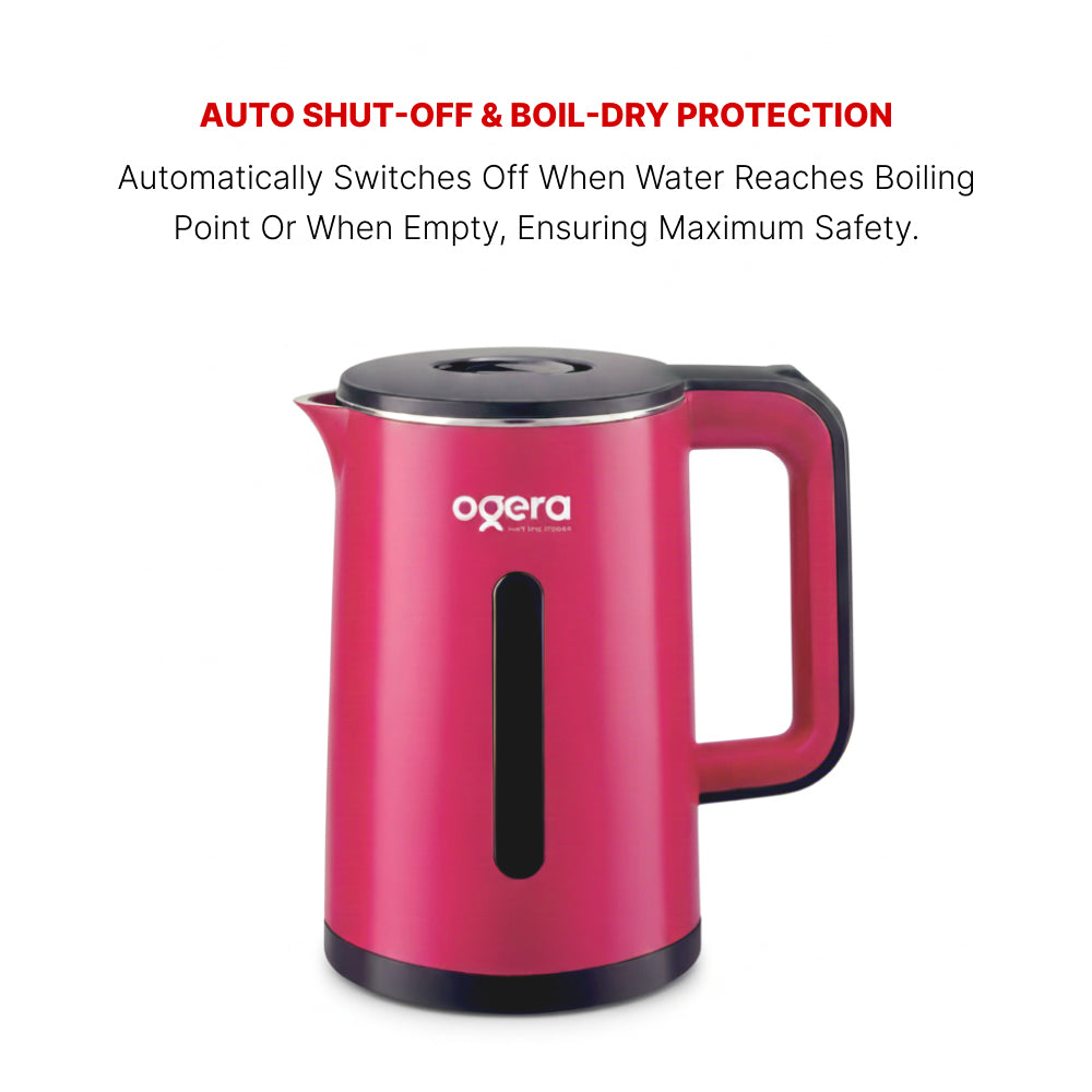 Ogera OG1507EK Cool Touch Electric Kettle, 1.8L Capacity, 1500W Fast Boil, Double-Layer Cool Touch Body, Auto Shut-Off & Boil-Dry Protection, Safe & Durable Kettle for Home & Office