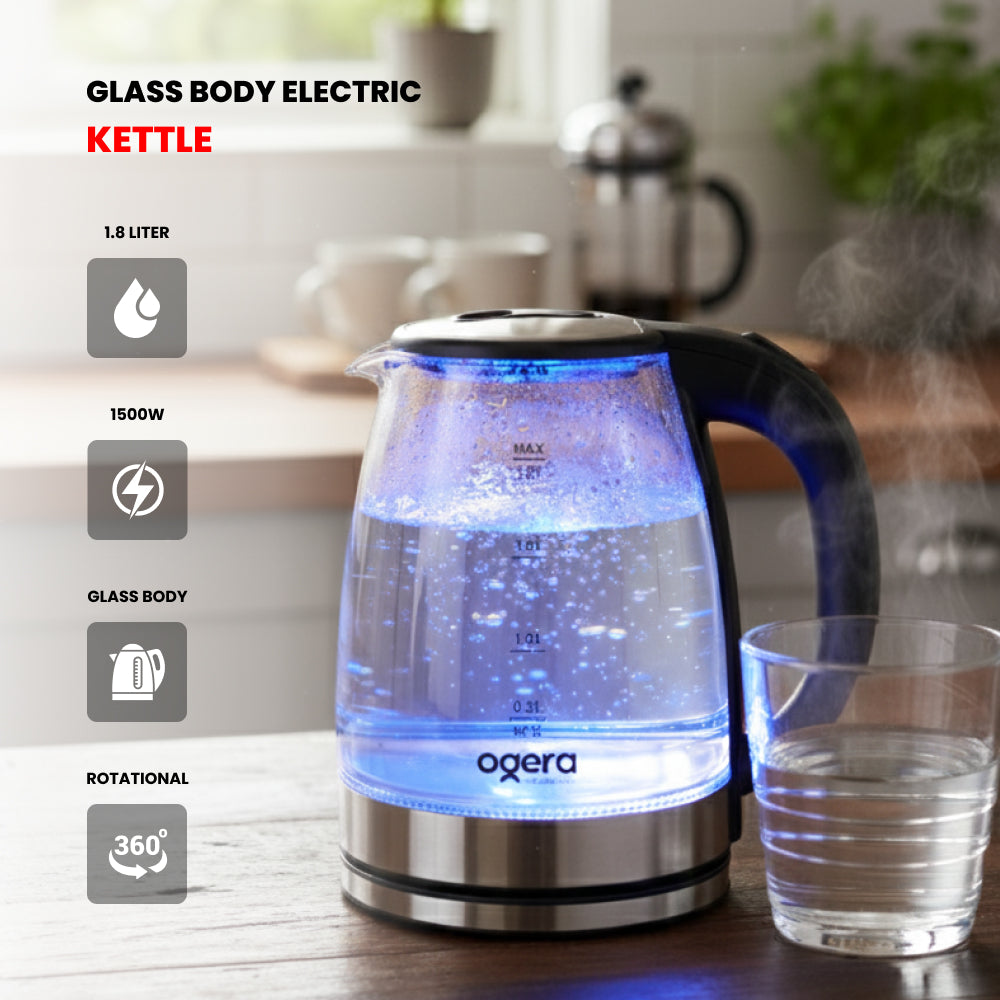 Ogera OG1508EK Glass Body Electric Kettle, 1.8L Capacity, 1500W Fast Boil, Borosilicate Glass with LED Illumination, Auto Shut-Off & Boil-Dry Protection, Stylish & Durable Kettle