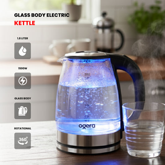 Ogera OG1508EK Glass Body Electric Kettle, 1.8L Capacity, 1500W Fast Boil, Borosilicate Glass with LED Illumination, Auto Shut-Off & Boil-Dry Protection, Stylish & Durable Kettle