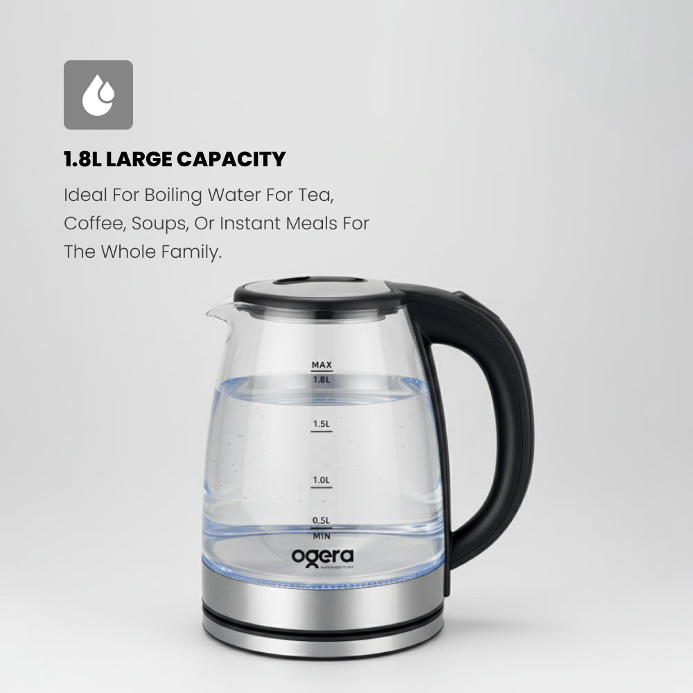 Ogera OG1508EK Glass Body Electric Kettle, 1.8L Capacity, 1500W Fast Boil, Borosilicate Glass with LED Illumination, Auto Shut-Off & Boil-Dry Protection, Stylish & Durable Kettle