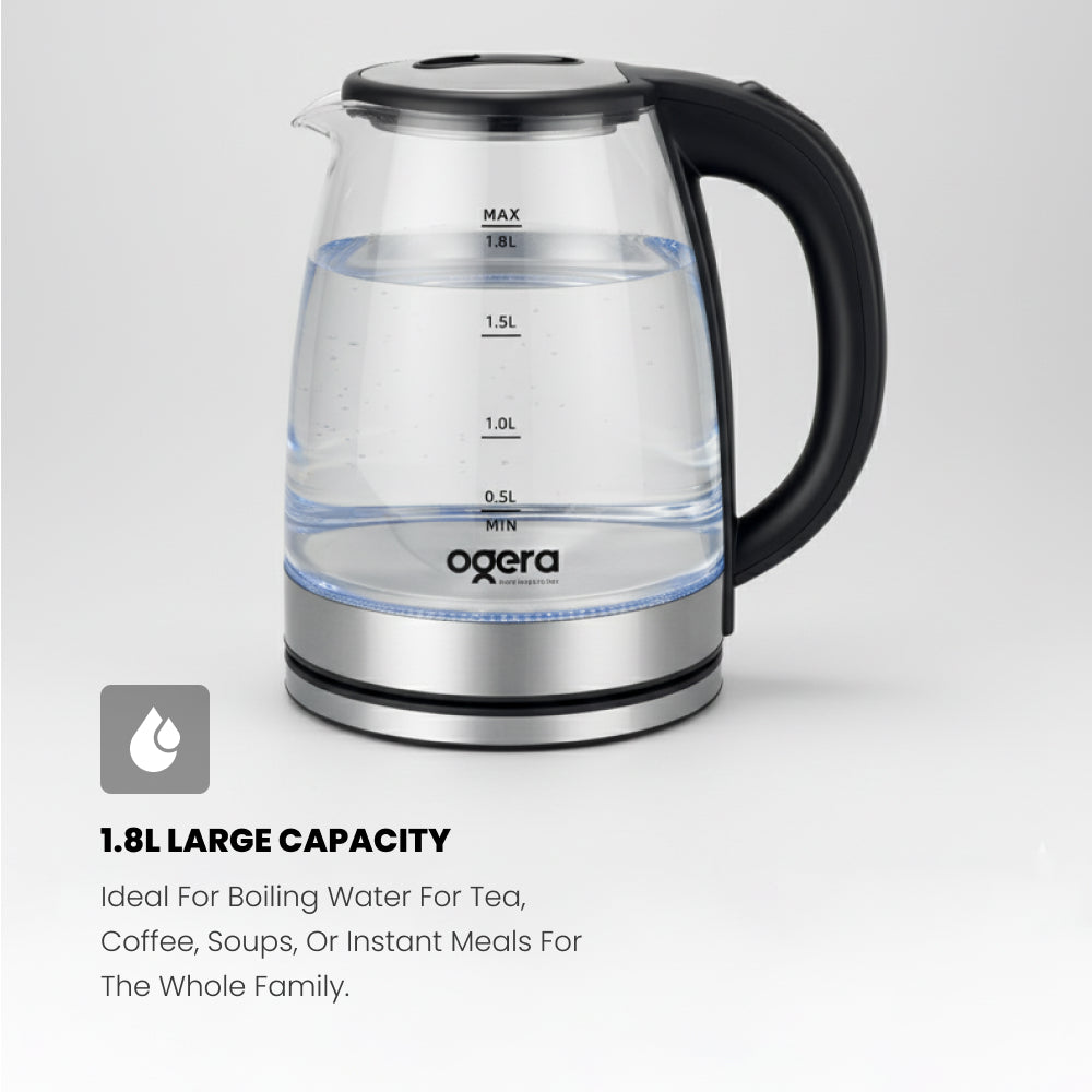 Ogera OG1508EK Glass Body Electric Kettle, 1.8L Capacity, 1500W Fast Boil, Borosilicate Glass with LED Illumination, Auto Shut-Off & Boil-Dry Protection, Stylish & Durable Kettle