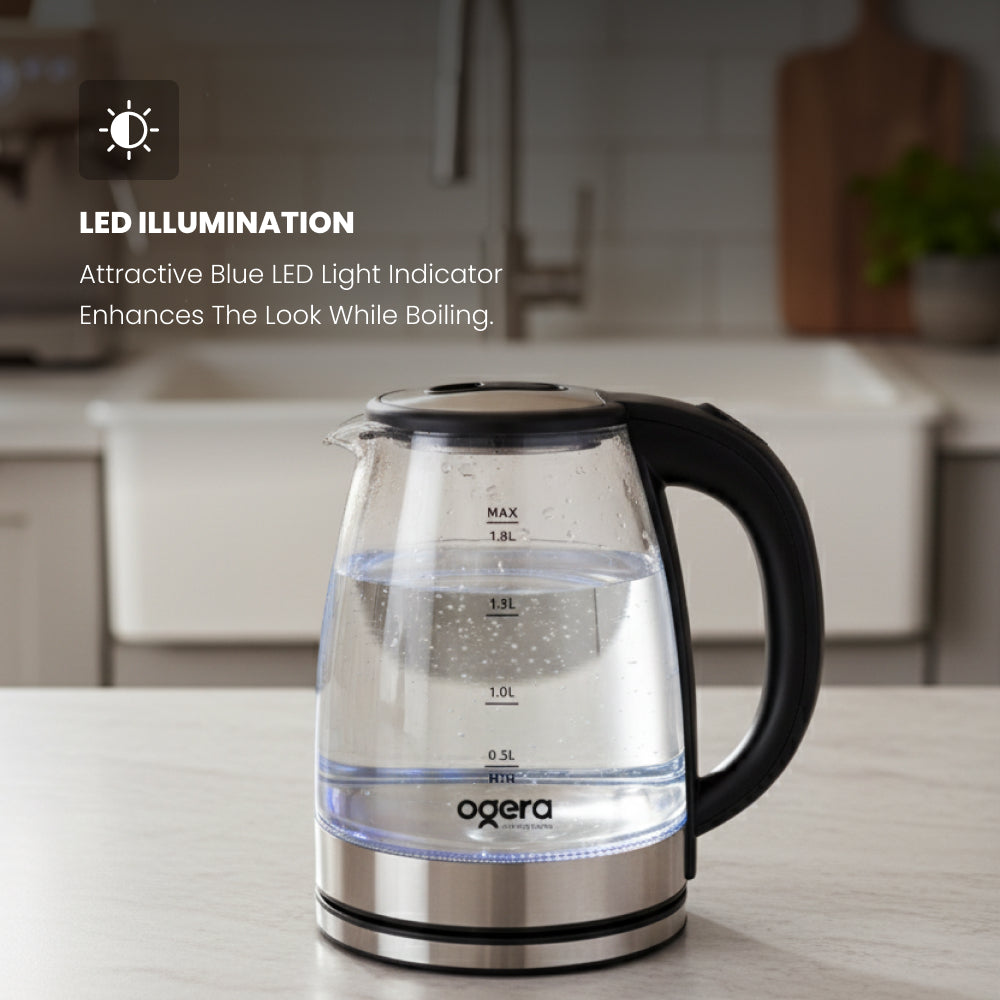 Ogera OG1508EK Glass Body Electric Kettle, 1.8L Capacity, 1500W Fast Boil, Borosilicate Glass with LED Illumination, Auto Shut-Off & Boil-Dry Protection, Stylish & Durable Kettle