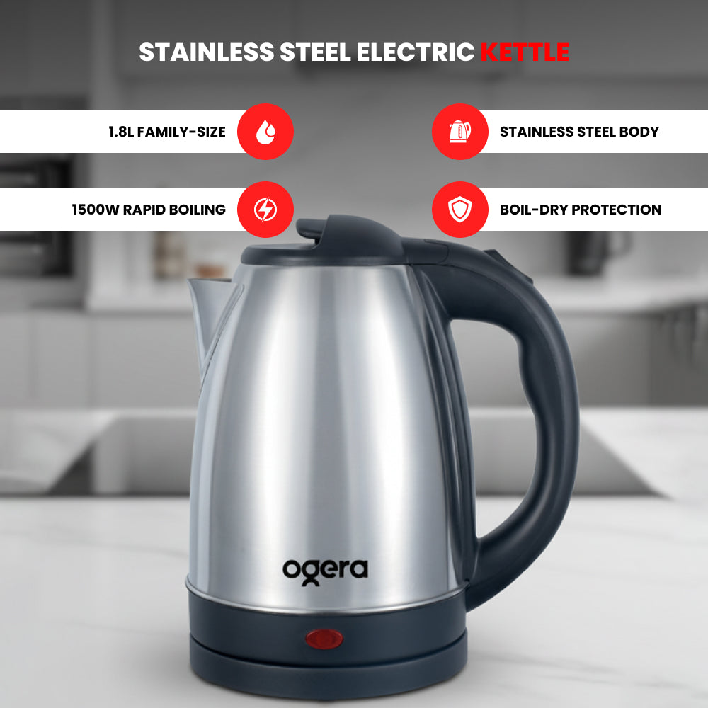 Ogera OG1509EK Stainless Steel Electric Kettle, 1.8L Capacity, 1500W Fast Boil, Auto Shut-Off & Boil-Dry Protection, Cool-Touch Handle, Durable & Portable Kettle for Home & Office