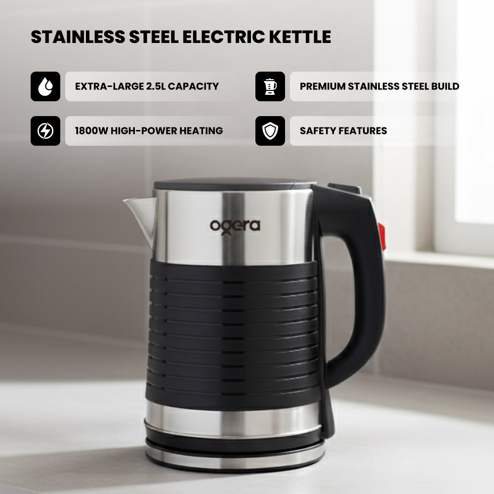 Ogera OG1510EK Stainless Steel Electric Kettle, 2.5L Extra-Large Capacity, 1800W Fast Boil, Auto Shut-Off & Boil-Dry Protection, Cool-Touch Handle, Durable & Portable Kettle for Home & Office