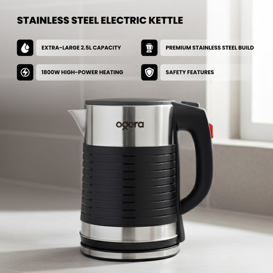 Ogera OG1510EK Stainless Steel Electric Kettle, 2.5L Extra-Large Capacity, 1800W Fast Boil, Auto Shut-Off & Boil-Dry Protection, Cool-Touch Handle, Durable & Portable Kettle for Home & Office