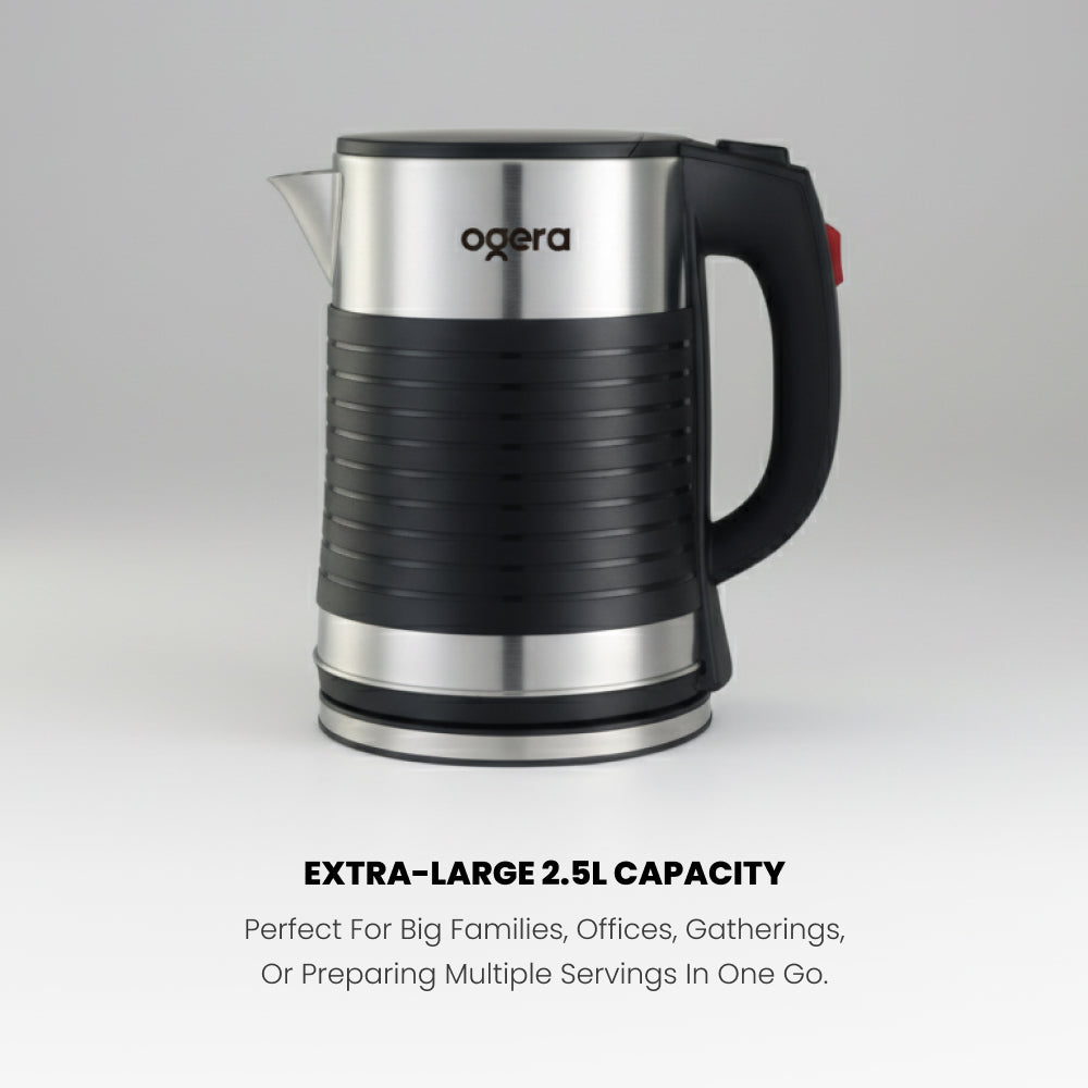 Ogera OG1510EK Stainless Steel Electric Kettle, 2.5L Extra-Large Capacity, 1800W Fast Boil, Auto Shut-Off & Boil-Dry Protection, Cool-Touch Handle, Durable & Portable Kettle for Home & Office