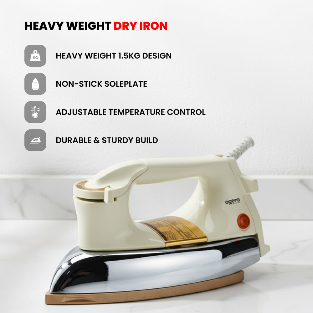 Ogera OG111DI Heavy Weight Dry Iron, 2.25kg, Non-Stick Soleplate, Adjustable Temperature Control, Durable Body, Powerful & Efficient Ironing for Home and Professional Use