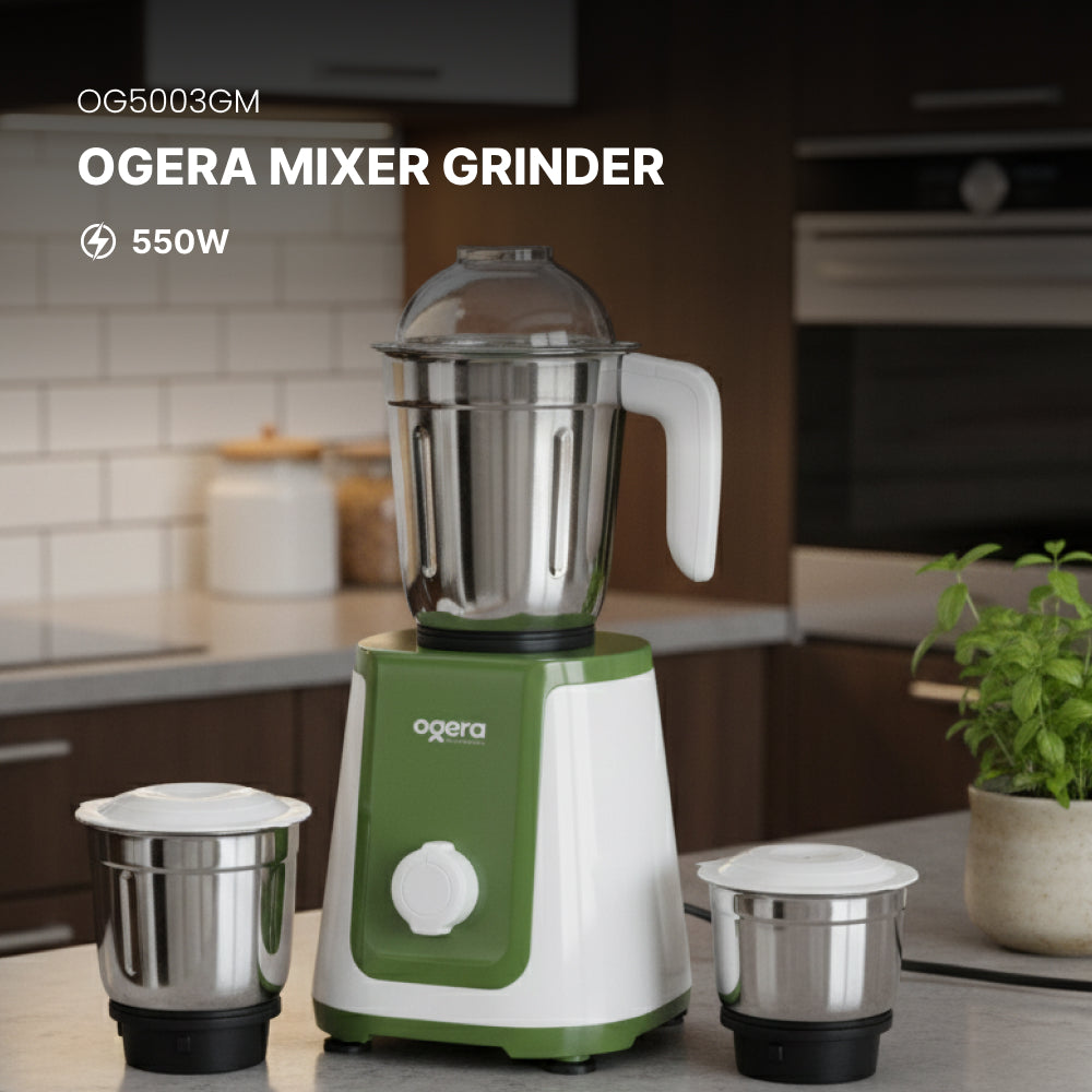 Ogera OG5003GM Indian Mixer Grinder, 550W Powerful Motor, 3 Stainless Steel Jars, Multi-Purpose Grinding & Blending, Overload Protection, Durable Design