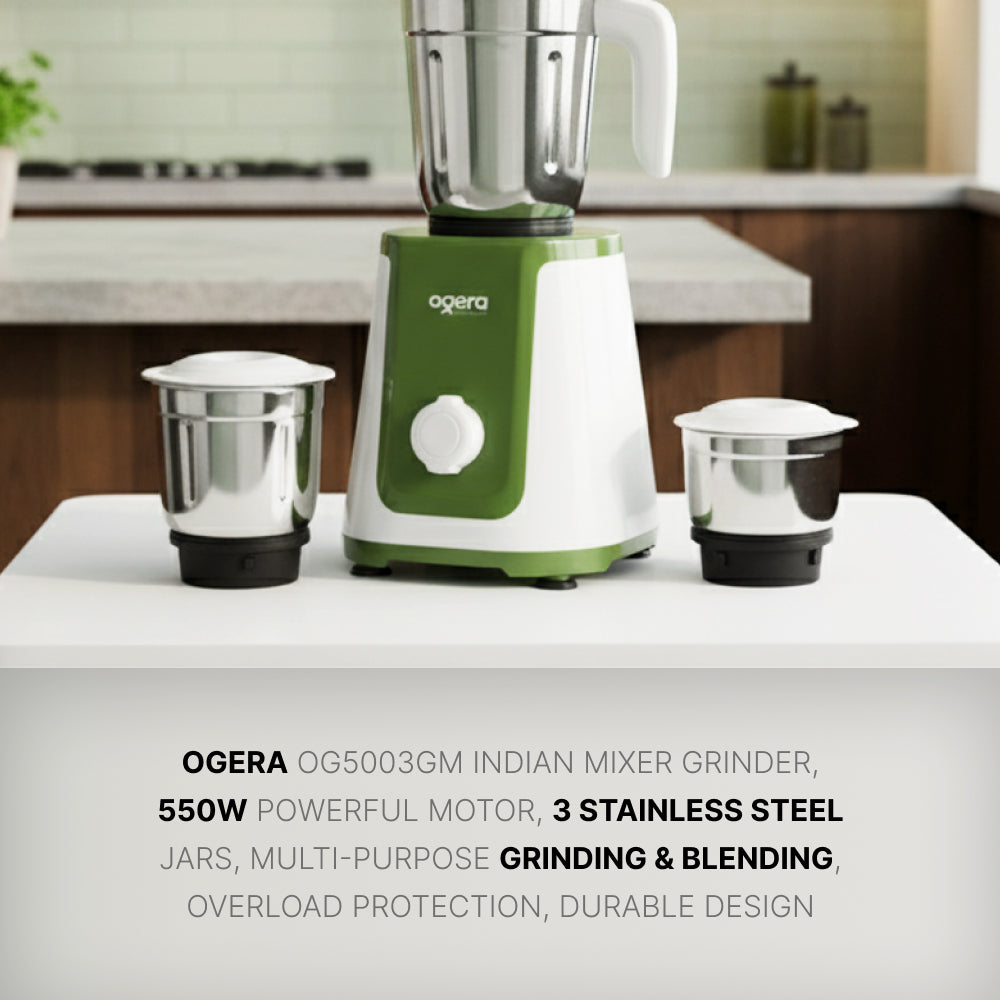 Ogera OG5003GM Indian Mixer Grinder, 550W Powerful Motor, 3 Stainless Steel Jars, Multi-Purpose Grinding & Blending, Overload Protection, Durable Design