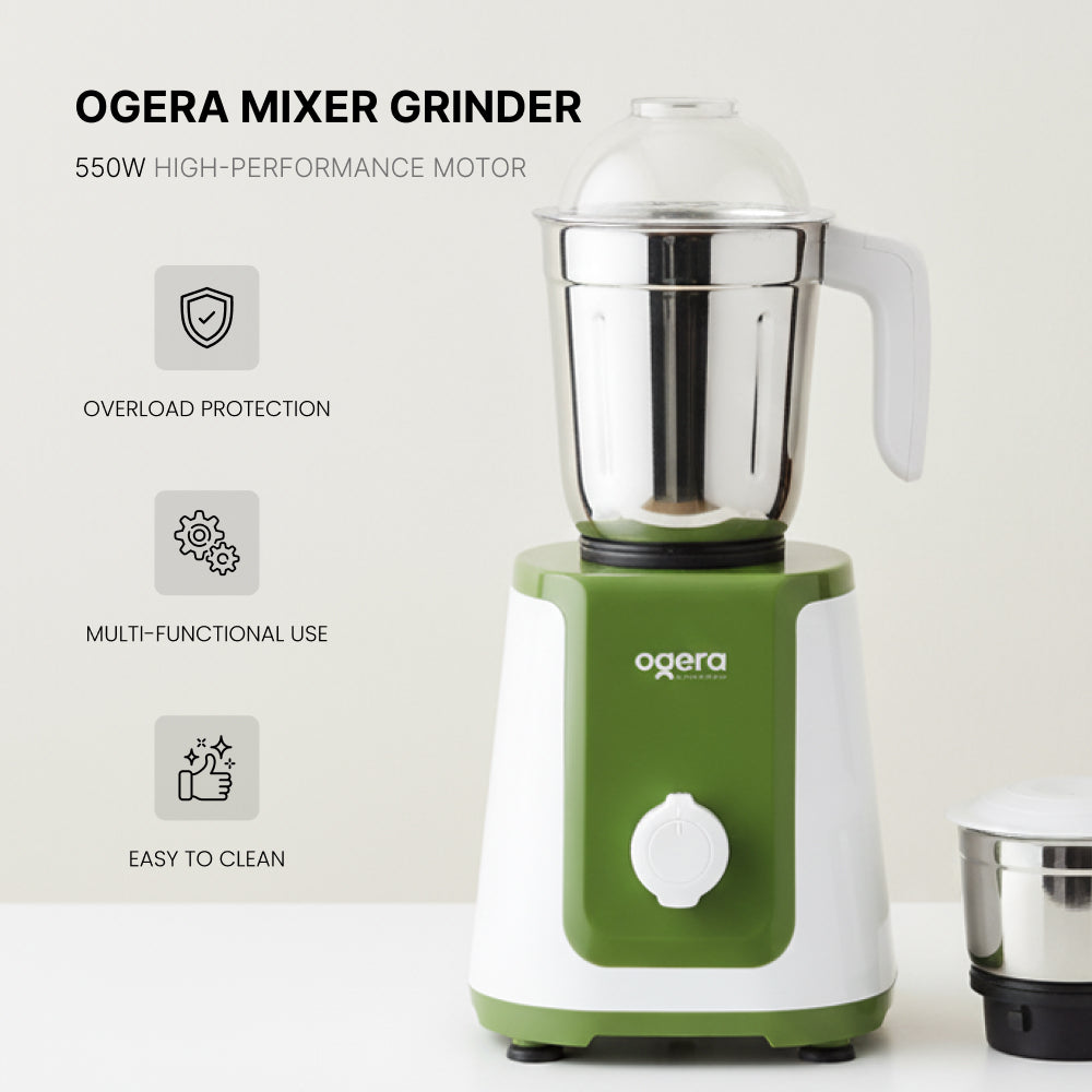 Ogera OG5003GM Indian Mixer Grinder, 550W Powerful Motor, 3 Stainless Steel Jars, Multi-Purpose Grinding & Blending, Overload Protection, Durable Design