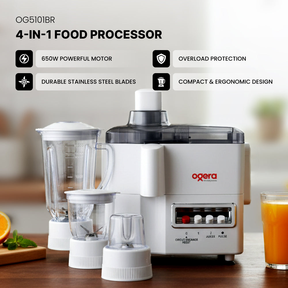 Ogera OG5101BR 4-in-1 Food Processor, 650W Powerful Motor, Multi-Functional Kitchen Appliance with Blender, Grinder, Chopper & Juicer Attachments, Stainless Steel Blades, Overload Protection