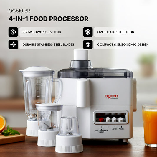 Ogera OG5101BR 4-in-1 Food Processor, 650W Powerful Motor, Multi-Functional Kitchen Appliance with Blender, Grinder, Chopper & Juicer Attachments, Stainless Steel Blades, Overload Protection