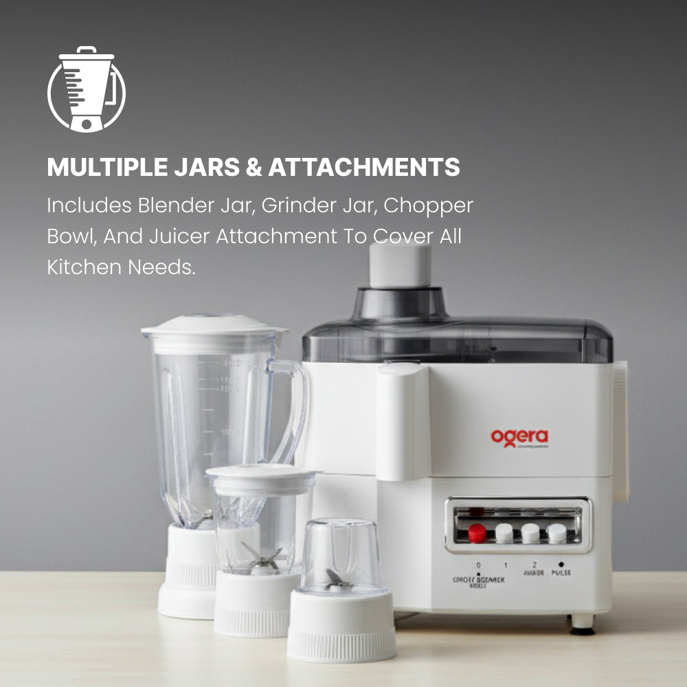 Ogera OG5101BR 4-in-1 Food Processor, 650W Powerful Motor, Multi-Functional Kitchen Appliance with Blender, Grinder, Chopper & Juicer Attachments, Stainless Steel Blades, Overload Protection
