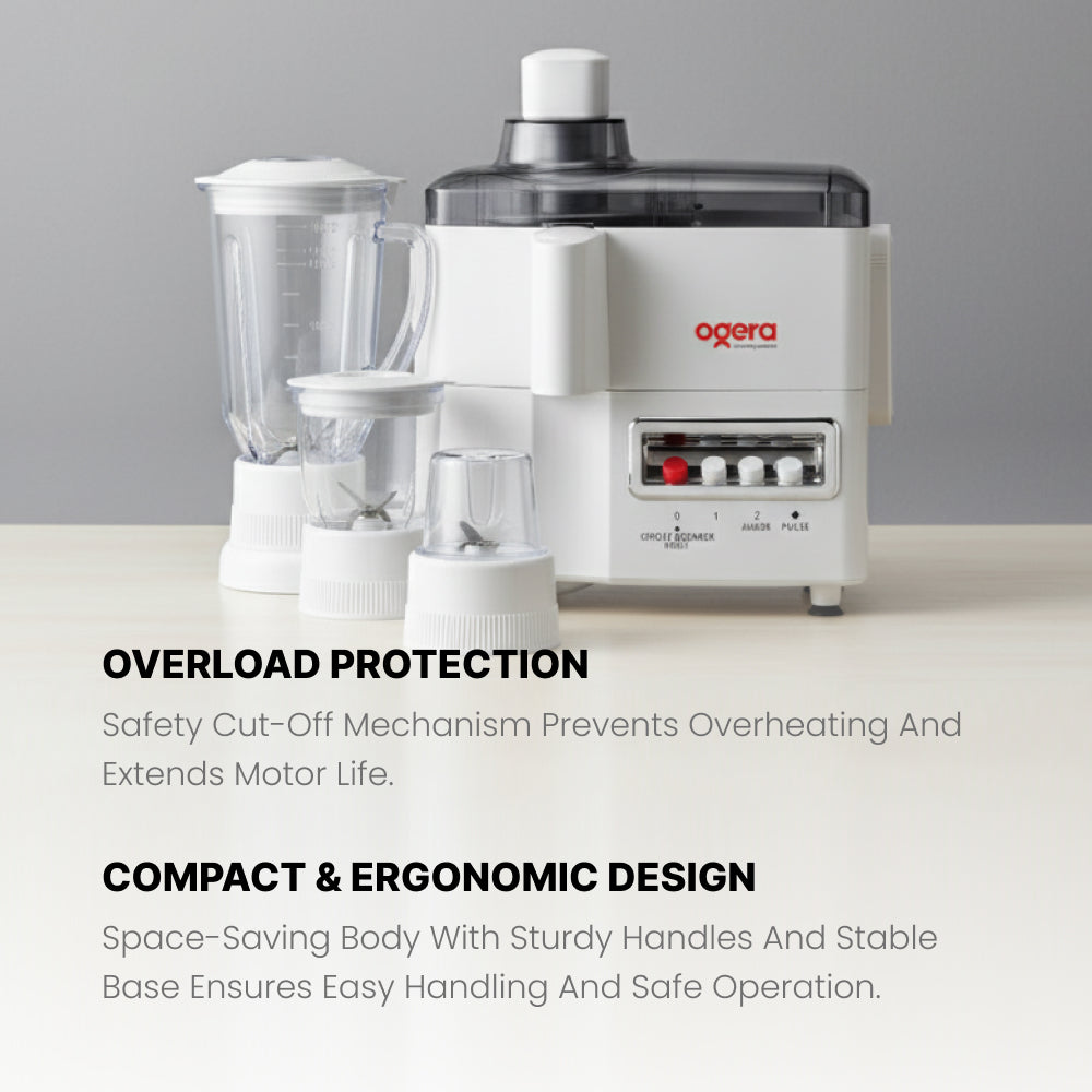 Ogera OG5101BR 4-in-1 Food Processor, 650W Powerful Motor, Multi-Functional Kitchen Appliance with Blender, Grinder, Chopper & Juicer Attachments, Stainless Steel Blades, Overload Protection