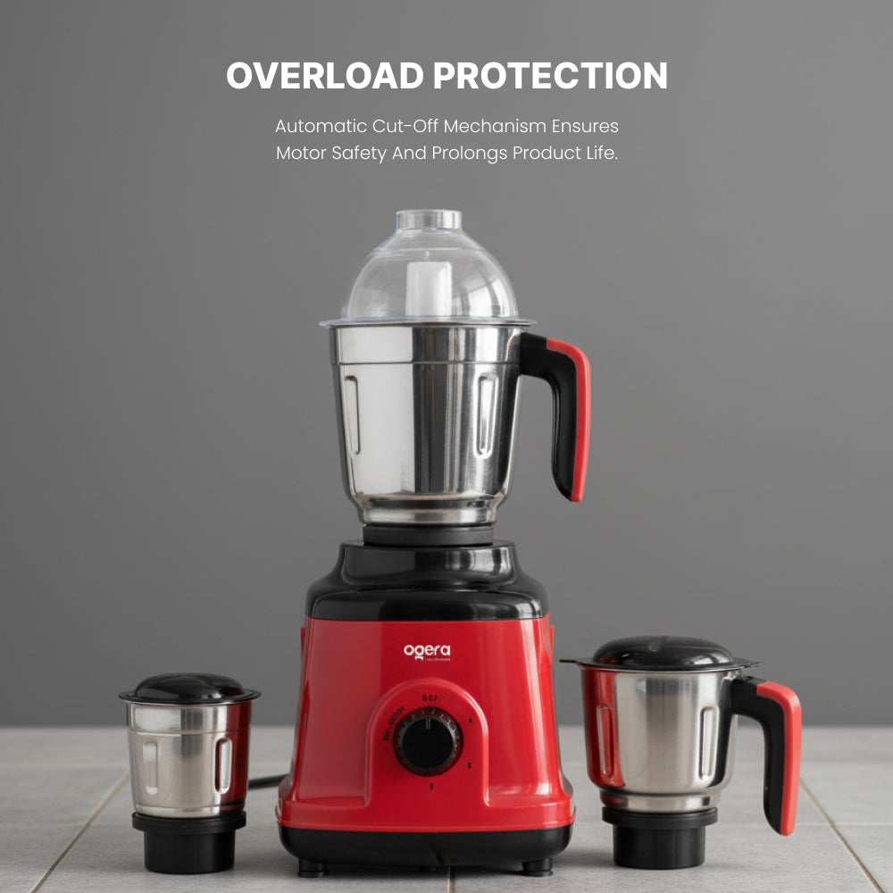 Ogera OG5004GM Indian Mixer Grinder, 750W Heavy-Duty Copper Motor, 3 Stainless Steel Jars with Multipurpose Blades, Overload Protection, Durable Kitchen Appliance