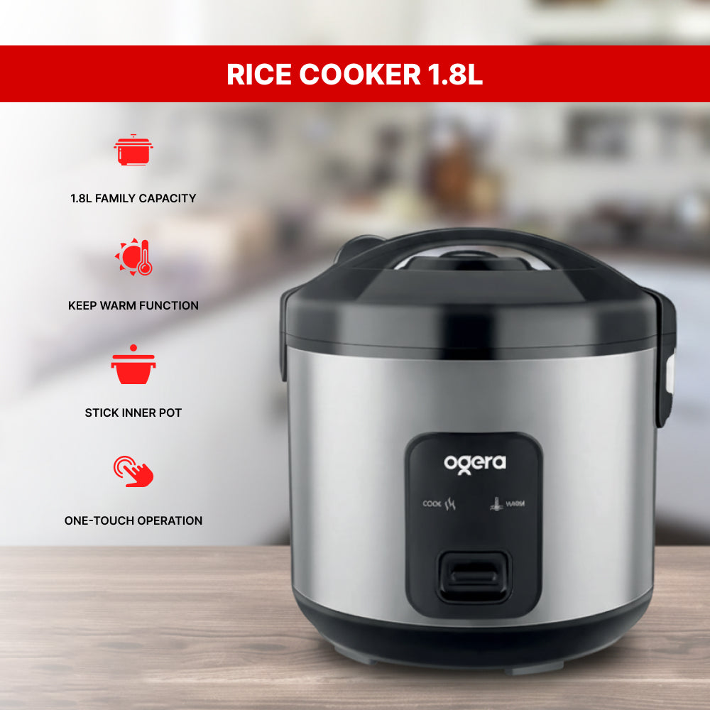 Ogera OG9503RC Rice Cooker, 1.8L Family Size Capacity, Non-Stick Inner Pot, Keep Warm Function, One-Touch Operation, Portable & Durable Multi-Purpose Cooker for Home & Office