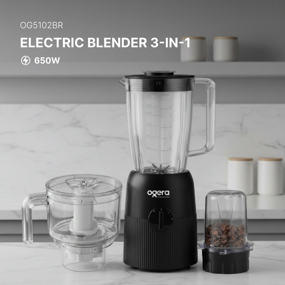 Ogera OG5102BR Electric Blender 3-in-1, 350W Compact Motor, Blender, Grinder & Chopper Functions, Stainless Steel Blades, Multi-Purpose Kitchen Appliance with Overload Protection