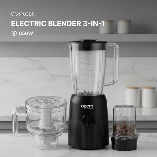 Ogera OG5102BR Electric Blender 3-in-1, 350W Compact Motor, Blender, Grinder & Chopper Functions, Stainless Steel Blades, Multi-Purpose Kitchen Appliance with Overload Protection