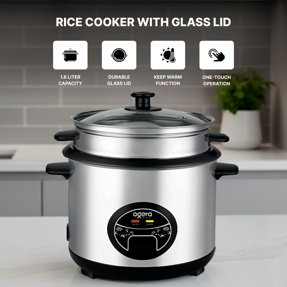 Ogera OG9500RC Rice Cooker with Glass Lid, 1.8L Capacity, Non-Stick Inner Pot, Keep Warm Function, Portable & Durable Rice Cooker for Home & Office