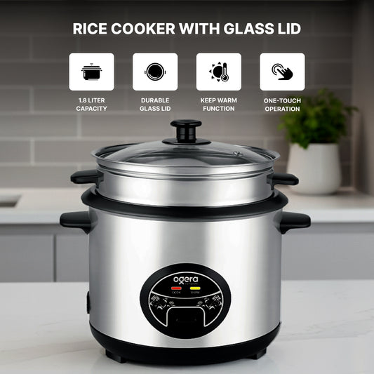 Ogera OG9500RC Rice Cooker with Glass Lid, 1.8L Capacity, Non-Stick Inner Pot, Keep Warm Function, Portable & Durable Rice Cooker for Home & Office