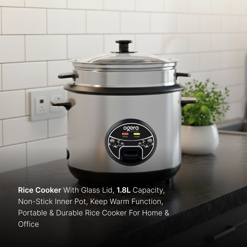 Ogera OG9500RC Rice Cooker with Glass Lid, 1.8L Capacity, Non-Stick Inner Pot, Keep Warm Function, Portable & Durable Rice Cooker for Home & Office