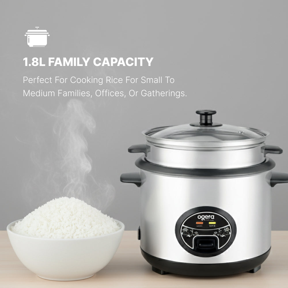 Ogera OG9500RC Rice Cooker with Glass Lid, 1.8L Capacity, Non-Stick Inner Pot, Keep Warm Function, Portable & Durable Rice Cooker for Home & Office