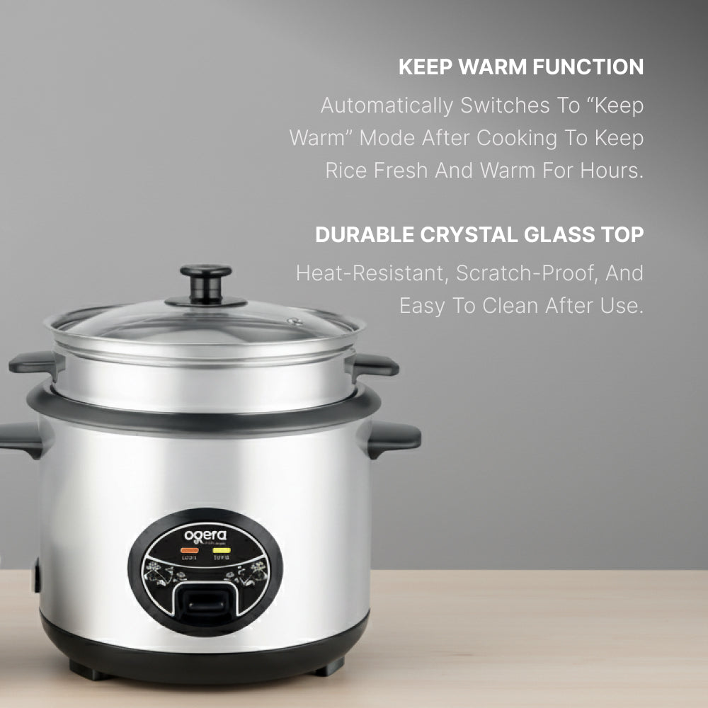 Ogera OG9500RC Rice Cooker with Glass Lid, 1.8L Capacity, Non-Stick Inner Pot, Keep Warm Function, Portable & Durable Rice Cooker for Home & Office
