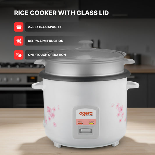 Ogera OG9501RC Rice Cooker with Glass Lid, 2.2L Large Capacity, Non-Stick Inner Pot, Keep Warm Function, Portable & Durable Multi-Purpose Cooker for Home & Office