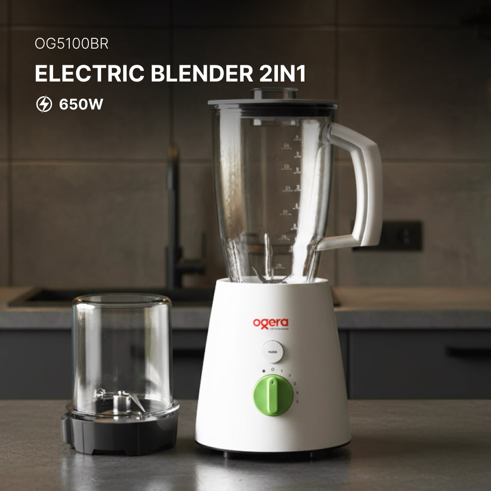 Ogera OG5100BR Electric Blender 2-in-1, 650W Powerful Motor, Multi-Purpose Blending & Grinding, 2 Jars with Stainless Steel Blades, Overload Protection